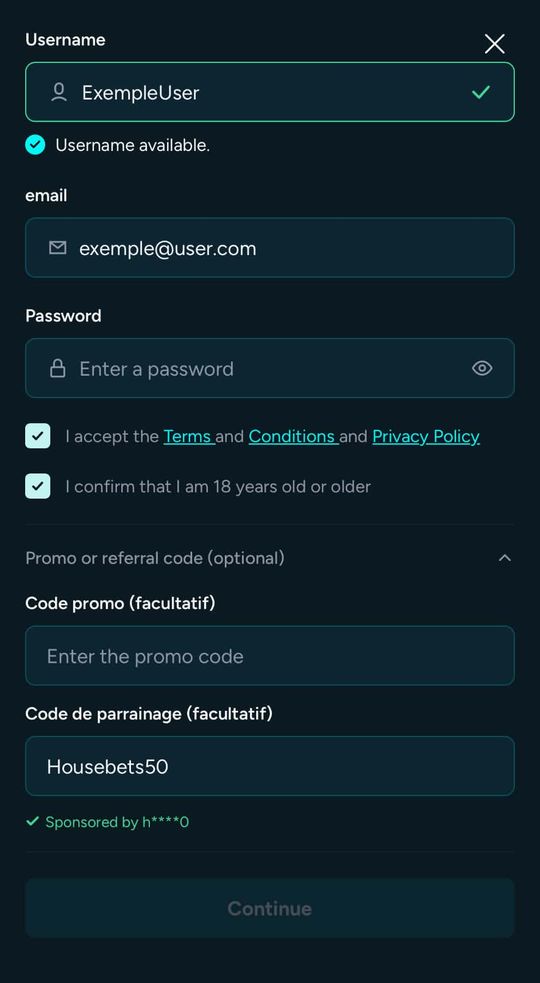 Housebets sign-up form with the referral code field and the Sponsored by confirmation